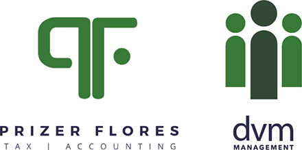 Prizer Flores CPA logo and DVM Management logo side by side